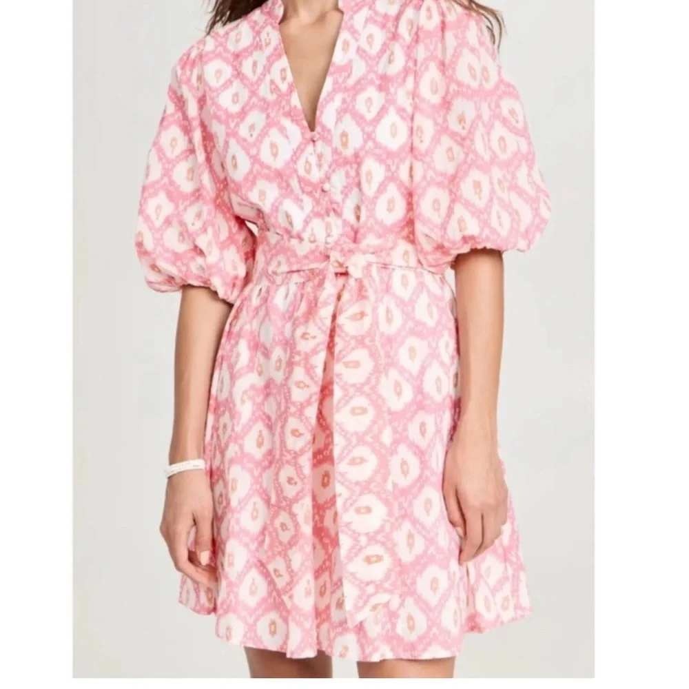 Marea Ikat Print Cotton Mini Dress Pink Orange Button Front Size XS Tie Waist